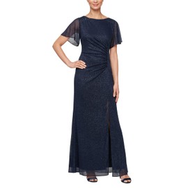 S.L. Fashions Women's Glitter Mesh Stretch Dress w/Shoulder Embellishment Formal Long Gown, (Petite and Regular Sizes), Navy, 10