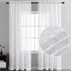 FINECITY White Lace Curtains 63 Inch Length, Country Branch Leaf Scalloped Floral Lace Sheer Curtains for Bedroom, Privacy Vintage Lace Curtain Panels for Windows, 52 x 63 Inch, White, 1 Pair