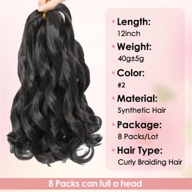 GetMaige French Curl Braiding Hair 8 Packs 12 Inch Pre Stretched Synthetic Curly Crochet Hair Natural Black Yaki Curly Braiding Hair 40g/Pack Curly End Hair Extensions (12 Inch,8 Packs,#2)