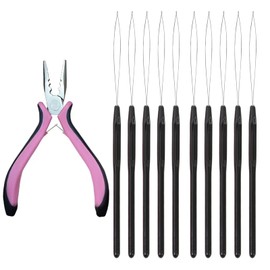 11Pcs Hair Extensions Kit Tools, Including 1Pcs Pink Hair Extension Pliers and 10Pcs Black Hair Extension Loop Threader, Hair Extensions Pliers, Hair Extensions Kit for Hair Styling Tools Accessory
