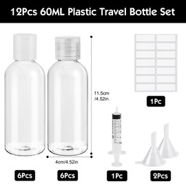 Sheryl&Rain 12Pcs 60ml Travel Bottle for Toiletries, Plastic Bottles Empty, Refillable Transparent Travel Bottles with Syringe Funnels and Labels for Travel Toiletries Makeup