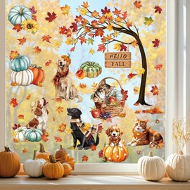 decalmile Hello Fall Thanksgiving Pumpkin Window Clings Dog Cat Autumn Maple Leaves Double Sided Window Decals Anti-Collision Window Stickers