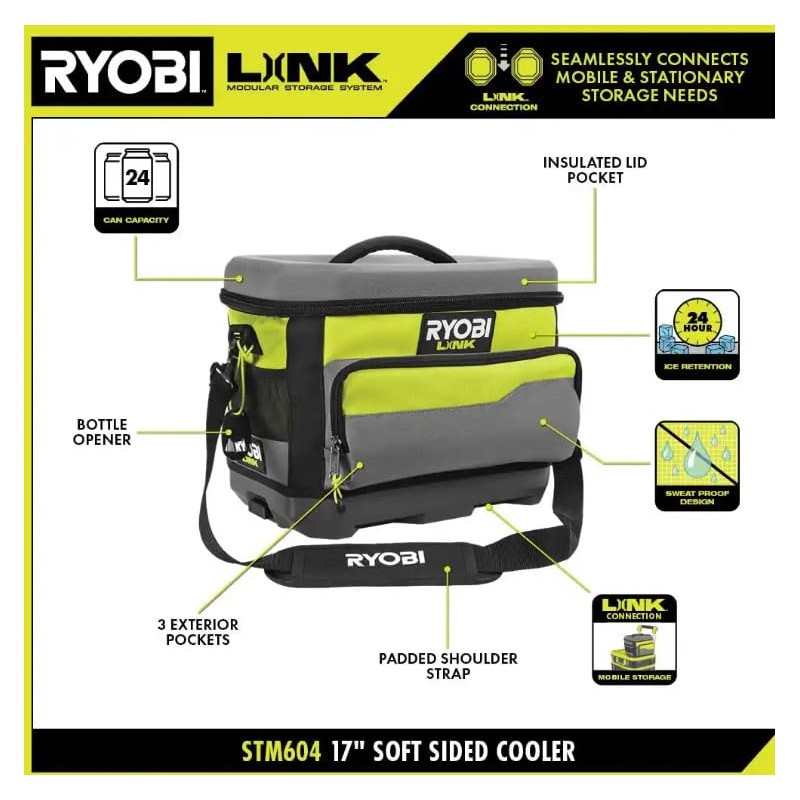 RYOBI Link Soft Cooler with Bottle Opener Beverage Soda Beer