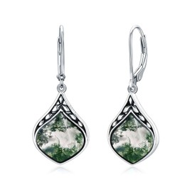 HPQQ Moss Agate Earrings for Women Sterling Silver Teardrop Moss Agate Drop Dangle Earrings Vintage Jewelry Birthday Valentines Day Mothers Day Gifts for Women Her Mom