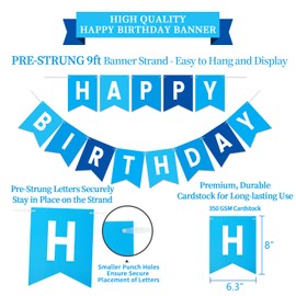 LITAUS, Birthday Decorations, NO DIY - Pack of 16 | Blue Happy Birthday Banner, Honeycomb Balls, Swirls, Garland | Happy Birthday Decorations | Blue Birthday Party Decorations