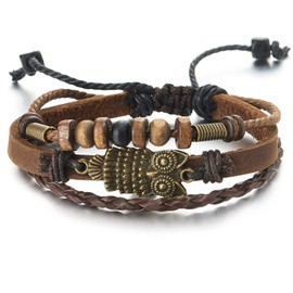 Mens Womens Multi-Strand Brown Braided Leather Brown Cotton Strap Bracelet with Owl and Beads Charms