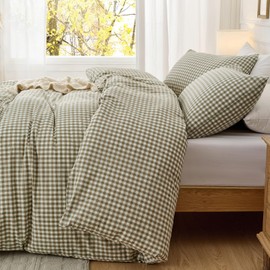 KKJIAF Sage Green Plaid Duvet Cover Set King Size (90"x104"), 3 Pcs Cotton Gingham Duvet Cover with Pillowcases, Comfy Linen Feel Farmhouse Checkered Comforter Bedding Set, Comforter Not Included