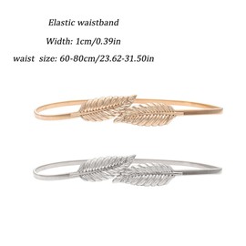 Pack of 2 Stretch Belts Women's Waist Belt Waist Belt Leaves Elastic Belt for Most Occasions such as Weddings, Family Reunions or Christmas Parties etc. (Golden Silver), Golden, Silver