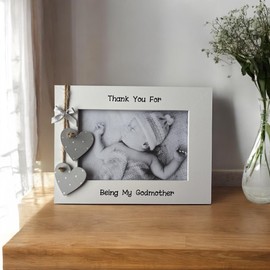 Handcrafted Thank You For Being My Godmother Gift Photo Frame 6x4 Landscape White Grey Wooden Hearts