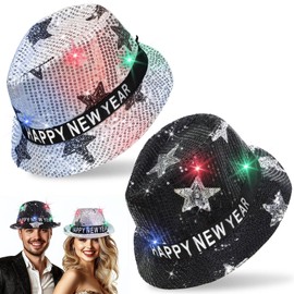 TURNMEON 2 Pack Happy New Years Hats Party Supplies for Women Men Adult, Black and Sliver Sequin LED Light Up Top Hats New Years Accessories New Years Photo Props Birthday Party Favors