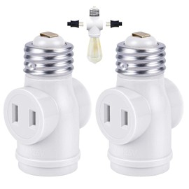 YCSSSD Light Socket to Plug Adapter, 2 Outlet Light Socket Adapter, Standard E26 Base Light Bulb to 2-Prong Outlet Plug Splitter Converter for Garage Porch CCTV Camera, 2 Pack, White