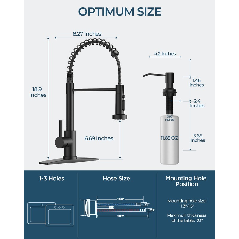 FORIOUS Black Kitchen Faucet with Soap Dispenser, Stainless Steel Kitchen
