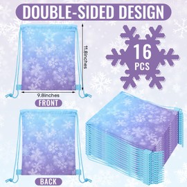 ReliThick 16 Pcs Snowflake Party Favor Gift Bags Blue and Purple Drawstring Backpack Snowflake Treat Goodie Bags for Winter Holiday Birthday Party Supplies