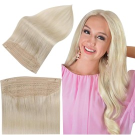 Full Shine Invisible Wire Hair Extensions 16 Inch Fish Line Human Hair Extensions Color 60 Blonde Hidden Hair Clips 80 Grams Layered Hair Extensions for Women Human Hair