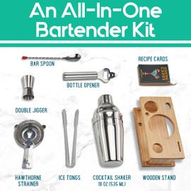 Mixology Bartender Kit | 8-Piece Silver Cocktail Shaker Set with Pine Wood Stand, Recipe Cards, and Bar Accessories | Perfect for Home Bar, Parties