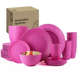 40-Piece Kitchen Plastic Wheat Straw Dinnerware Set, Dish Set for 8, Dinner Plates, Dessert Plate, Cereal Bowls, Cups, Appetizer Plates,Unbreakable Plastic Outdoor Camping Dishes,Pink