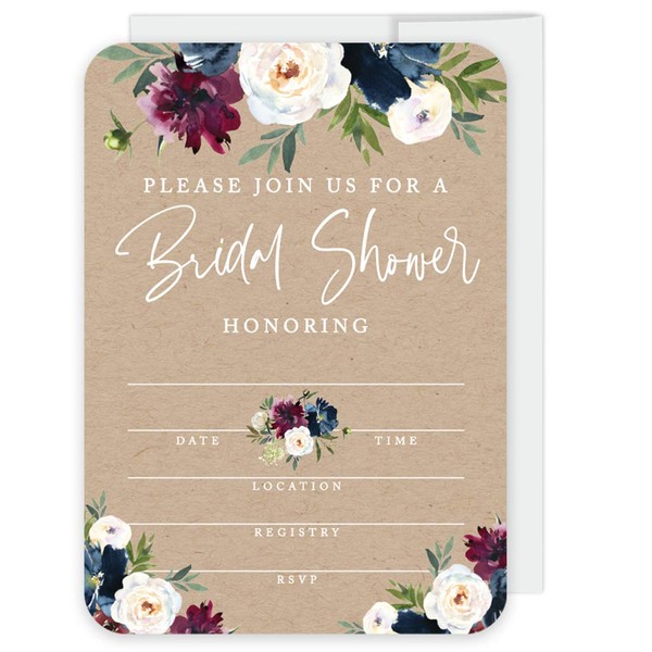 Andaz Press Kraft Brown with Burgundy Midnight Blue Florals Fall Wedding Party Collection, Blank Invitations with Envelopes, Please Join Us for a Bridal Shower, Floral Bouquet Graphic, 20-Pack
