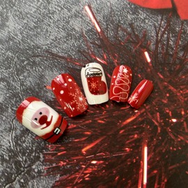 Red Christmas Nails Medium Press on Nails Square Fake Nails Santa Claus and Snowflakes Design Glossy Acrylic Nails Full Cover Stick on Nails for Women and Girls Christmas Nail Art Decoration 24Pcs