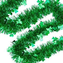 66ft St. Patrick's Day Tinsel Garlands with Green Shamrock Pattern -Thick, Dense and Cuttable - Shiny Metallic Garlands for Window Wall Tree Decorations Irish Party Supplies