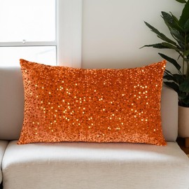 ShinyBeauty Orange Velvet Pillow Covers 12X20-Inch Set of 2 Sequin Pillows Cover, Soft Decorative Cushion Cover, Rectangle Pillow Case for Sofa, Couch, Living Room Decor