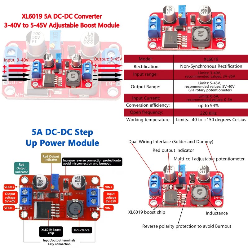 AYMBH XL6019 DC-DC Buck Boost Converter Module 5V 6V 12V
