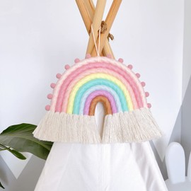 FANXIYA Rainbow Macrame Wall Hanging Decorations for Nursery Decor, Kids Bedroom Woven Tassel for Girls& Boys, Handmade Playroom Cotton Accessories for Baby Toddler Room (Pink)