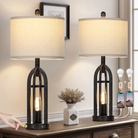 luxeflow 27" Vintage Table Lamps for Living Room - Farmhouse Lamps Set of 2 with USB C+A & Outlet, 3-Way Dimmable Touch Lamps for Night Stands, Industrial Bedside Lamp for End Tables,Bedroom,Bronze