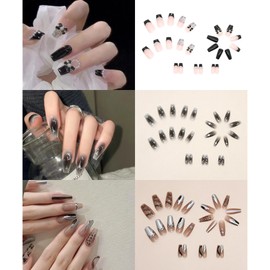 NIUANIUA Nail Tip, Popular, Japanese Style, Bride Nail, Shiny, False Nails, Cute, Round Tip, Fashion, 3D Nail Tip, Long, Nail Tip, 12 Sizes, 72 Pieces (Black)
