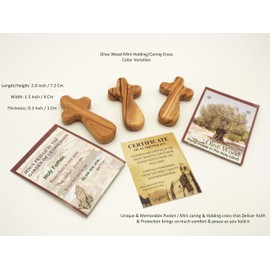 Olive Wood Mini Holding/Caring Cross (2.8 Inch), Wood Comfort Prayer & Meditation Cross Set of 8 Pcs from Jerusalem, Grain