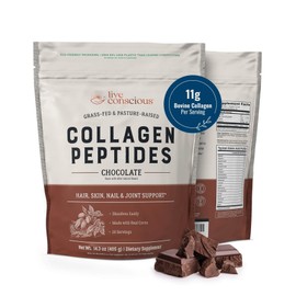 Live Conscious Collagen Peptides Powder - Chocolate Collagen Powder - Hair, Skin, Nail, and Joint Support - Type I & III Grass-Fed Collagen Supplements for Women and Men - 30 Servings - 14.3oz