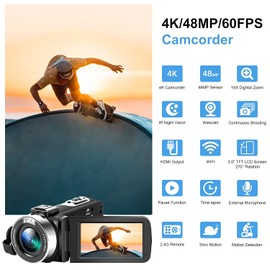 Acuvar 4K Video Camera Camcorder 48MP Auto Focus Vlogging Camera for YouTube 60FPS 18X Zoom Digital Video Camera with WiFi, Webcam, Mic, Stabilizer, 64GB SD Card, Card Reader, Remote Control