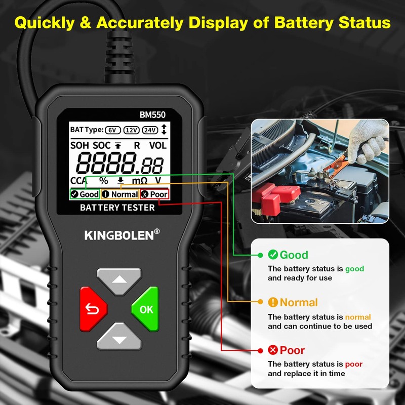 KINGBOLEN BM550 6V 12V 24V Car Battery Tester, 100-2000 CCA