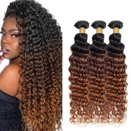 Luxvogue 26 28 30 Inch Human Hair Bundles Ombre Brown T1B/4/30 Deep Wave Bundles Human Hair 12A Unprocessed Quick Weave Bundles for Black Women Soft Sewn In Bundles with Double Weft