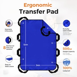 YHK 34"x 52" Positioning Bed Pad, Draw Sheet, 8 Reinforced Handles, Reusable & Washable Transfer Sheet for Turning, Lifting, Repositioning, Lightweight Double-Sided Nylon Fabric (Blue, Pack of 1)