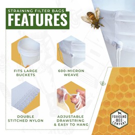 2 Pack Reusable and Washable 20"x18" Filter with Adjustable Drawstring for Straining and Filtering Honey, Wax, Beer, Nut Milk and More Through Nylon 600 Micron Mesh in a 5 Gallon Bucket