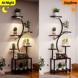 Plant Stand Indoor with Grow Lights, 61" Tall 8 Tiered Plant Shelf with 4 Wheels, Flower Stand for Multiple Indoor Plants, S-Shaped Plant Rack, Multi-tier Planter Pot Holder for Balcony, Garden, Patio