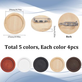 SUNNYCLUE Pack of 20 5 Colours Blank Brooch Wooden Cabochon Blanks Bulk 25 mm White Black Brown Natural Round Basic Wooden Tray Brooch Setting with Stainless Steel Safety Pin for Jewellery Making DIY