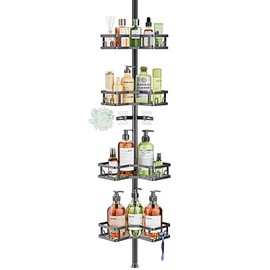 HEVEL Corner Shower Caddy Tension Pole, 4 Tier Adjustable Shower Organizer Corner 62-115 Inch, Rustproof Bathroom Corner Shower Shelves for Bathtub Storage