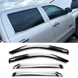 STARTSHIP Chrome Side Window Visors Wind Vent Deflector for 07-13 Chevy Silverado/GMC Sierra 1500/Avalanche,07-14 2500HD&3500HD Crew Cab/Yukon XL/Suburban,4pcs Outside Mount Tape-On Rain Guards 94515Y