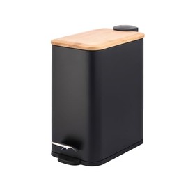 JS Maison 1.3 Gallon, 5L Rectangular Black Steel Trash Can with Bamboo Lid and Foot Pedal, Garbage Bin with Removable Inner Wastebasket for Bathroom, Bedroom and Office