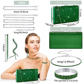 Kigeli 4 Pieces Women Rhinestone Evening Clutch Bag Rhinestone Earring Bridal Wedding Necklace Bracelet Dangle Bling Glitter Purse (Green)