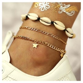 Inilbran Boho Cowrie Seashell Ankle Bracelet Layered Star Pendant Anklet Bracelet Gold Star Drop Anklets Vintage Figaro Chain Anklet Foot Chain Jewelry for Women and Girls 3Pcs