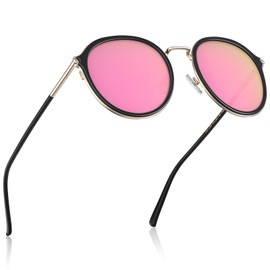 CARFIA Pink Mirrored Acetate Polarized Sunglasses for Women UV Protection, Fashion Metal Brow Ladies Shades Round Sunnies
