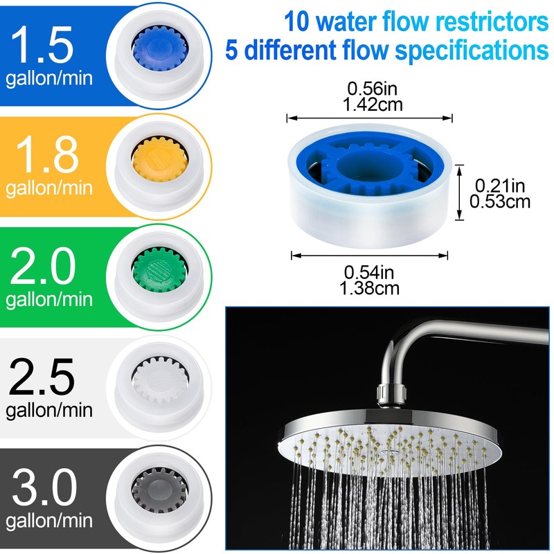 PAGOW 10 Pcs Shower Flow Restrictor, gpm 1.5/1.8/2.0/2.5/3.0 Shower Flow