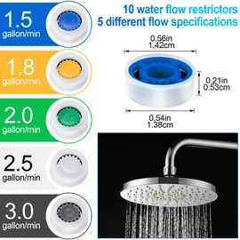 PAGOW 10 Pcs Shower Flow Restrictor, gpm 1.5/1.8/2.0/2.5/3.0 Shower Flow Reducer, Shower Head Water Flow Limiter Set for Shower Head Handheld Shower (0.56x0.54x0.21inch)
