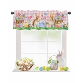 Amoxx Easter Curtain Valance for Window Treatments Easter Eggs Cute Bunny Rod Pocket Kitchen Valance Drapes Spring Pink Buffalo Check Valance for Bathroom Bedroom Living Room 1 Panel 54x18 Inch