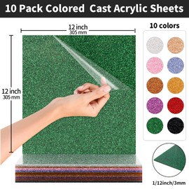 12 x 12 inch Glitter Acrylic Sheets 1/8" Thick - 10 Pack Cast Plexiglass Acrylic Blanks for Creative DIY Projects Laser Tags Cutting Engraving UV Printed Signs