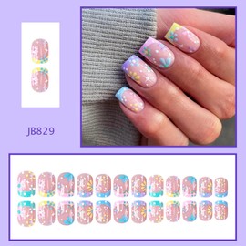 24pcs Flower Press on Nails French Tip Fake Nails Full Cover Colorful False Nails with designs Acrylic Nails Floral Finger Manicure Nail Kit Summer Glue on Nails for Women Nail Supplies