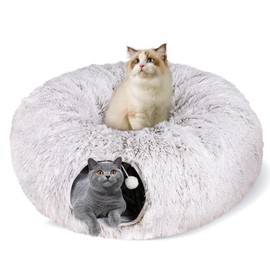 Cat Tunnel Bed for Indoor Cats, Peekaboo Cat Cave with Washable Soft Play Mat, Furry Cat Tube, for Kitten/Puppy/Rabbit, Brown