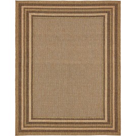 Unique Loom Outdoor Border Collection Solid Casual Transitional Indoor and Outdoor Flatweave Light Brown /Brown Area Rug (9' 0 x 12' 0)